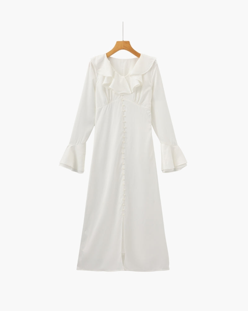 Vestido midi com babados e botões de pérola